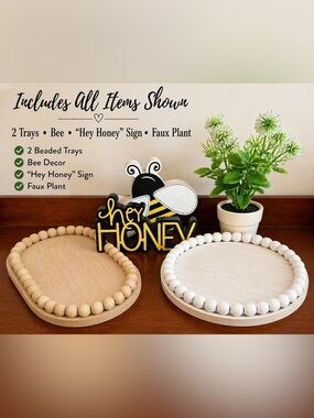 Farmhouse Bee Decor Bundle | 2 Beaded Trays + “Hey Honey” Sign + Faux Plant